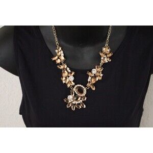 Assymetrical Statement Faceted Brown Crystal Rhinestone Gold Tone  Necklace 19"+